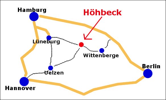 Graphische Anfahrtsskizze von Hamburg, Hannover und Berlin zum Höhbeck an der Elbe