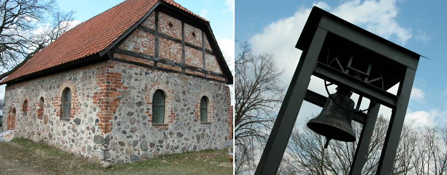 Urlaubsregion Höhbeck Elbe - Titelbild: Vietzer Kapelle - Felssteingebäude mit rot gedecktem Ziegeldach. Links neben der Kirche hängt die Glocke in einem modernen Turm aus Stahl.