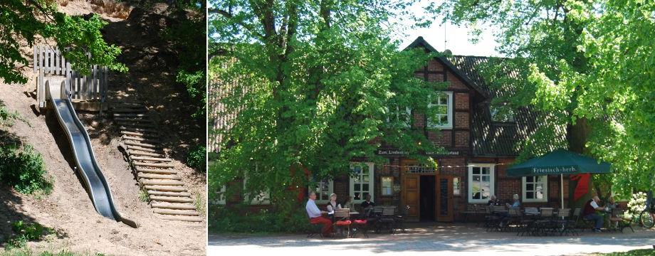 Urlaubsregion Höhbeck Elbe - Titelbild: Gasthof Lindenkrug in Pevestorf versteckt hinter großen Linden. Auf dem zweiten Bild ist die Hangrutsche auf dem Kinderspielplatz.