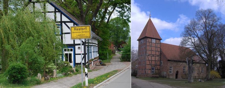 Urlaubsregion Höhbeck Elbe - Titelbild: St. Johanniskirche Restorf mit Fachwerkturm. Auf dem zweiten Bild das weiße Fachwerkhaus der ehemaligen Gaststätte.